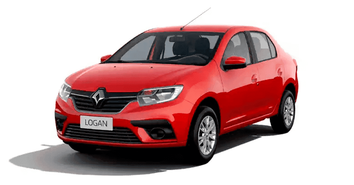 Imagem frontal lateral do Renault Logan na cor vermelho.